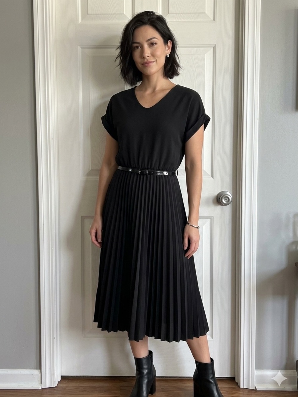 Elizabeth & Nicole Black V-Neck Pleated Midi Dress with Patent Belt Size L